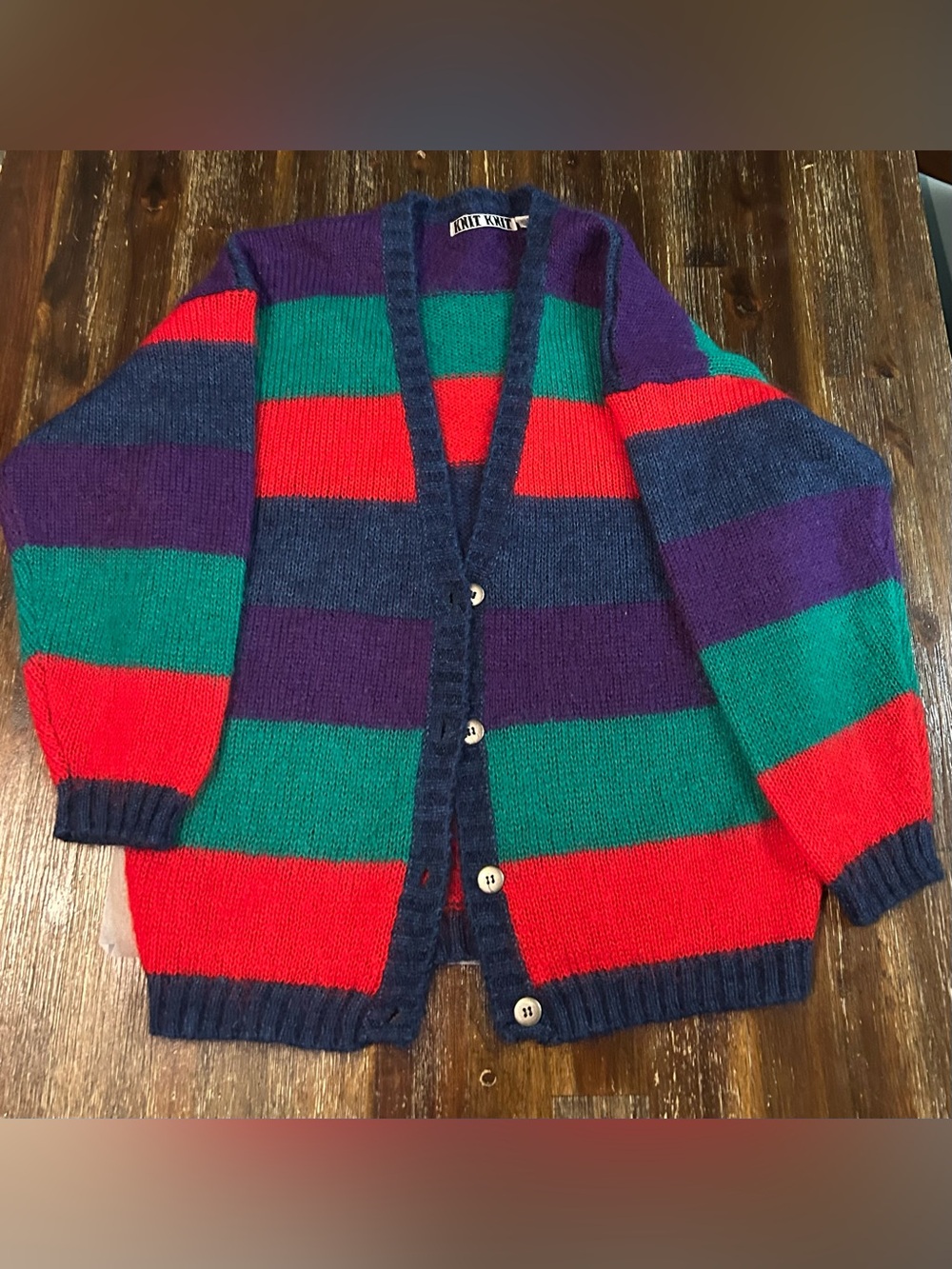 VTG "KNIT KNIT" Wide Striped Mohair Blend Long Cardigan Sweater excellent cond.